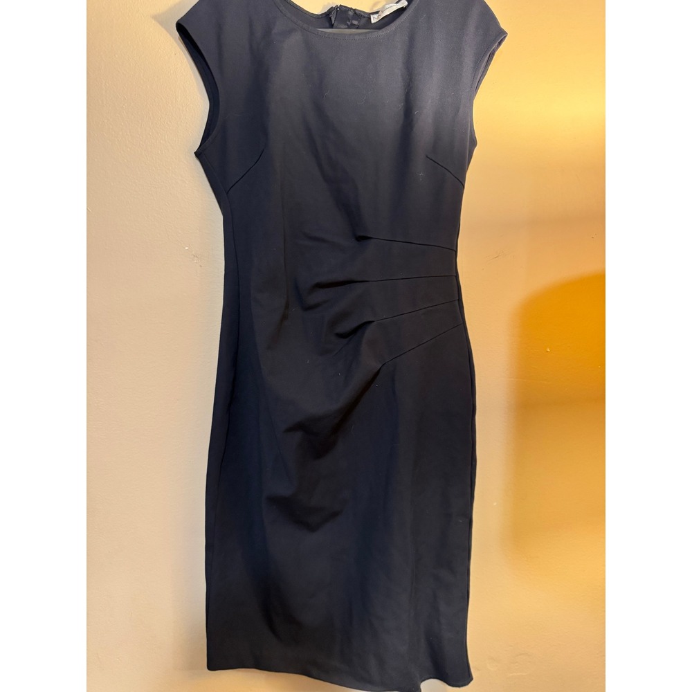 Neiman Marcus Navy Blue Ruched Waist Sheath Dress Cap Sleeve Exposed Zip Small - Picture 2 of 4
